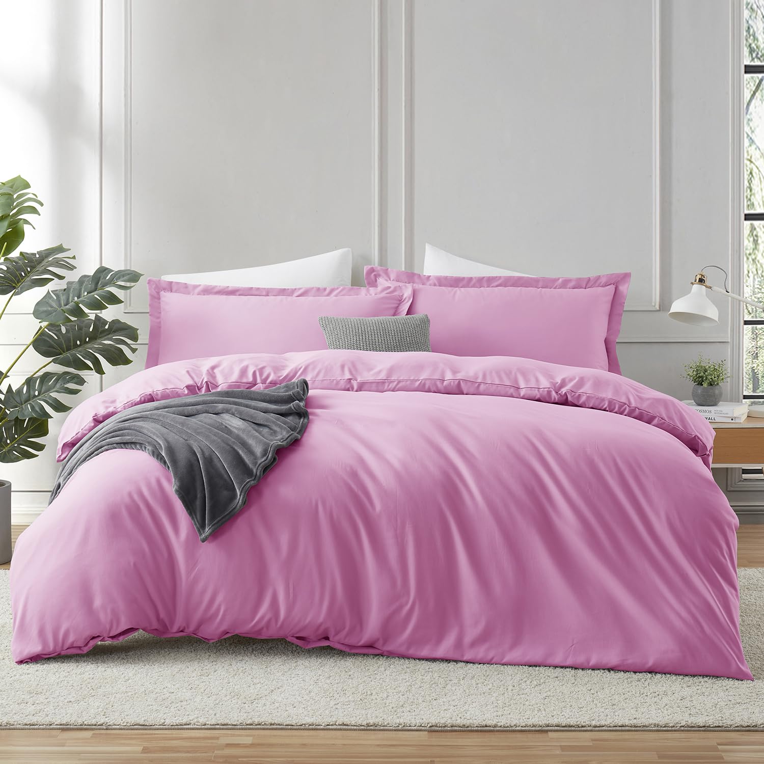 Hearth & Harbor Light Pink Duvet Cover Full Size, 3 Piece Soft Double Brushed Bedding Set, Includes 1 Duvet Cover 80x90 inches with Button Closure and 2 Pillow Shams
