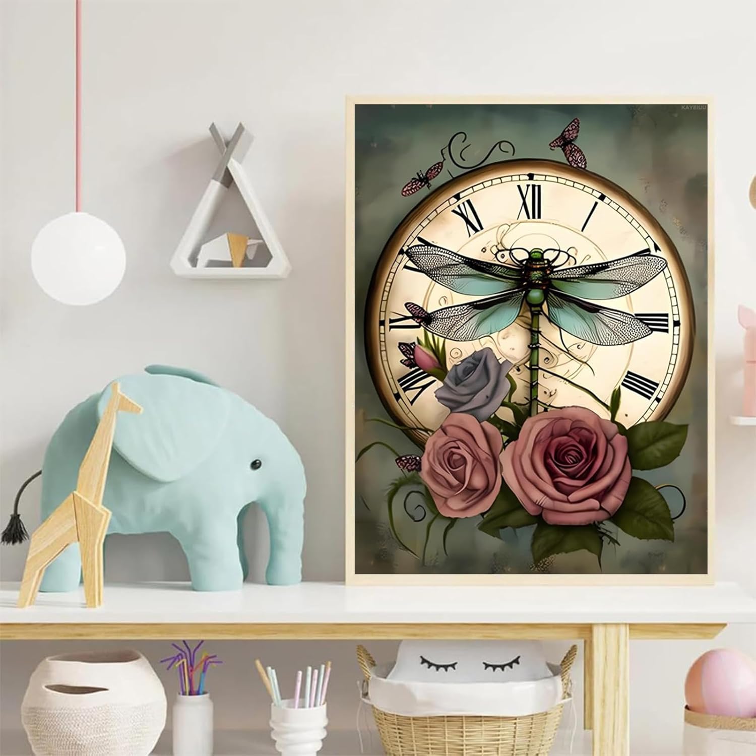 KAYEIUU Dragonfly Clock Diamond Painting, 5D DIY Full Round Diamond Cross Stitch Kit for Adults, Dragonfly Diamond Art Birthday Gift 12x16 Inch