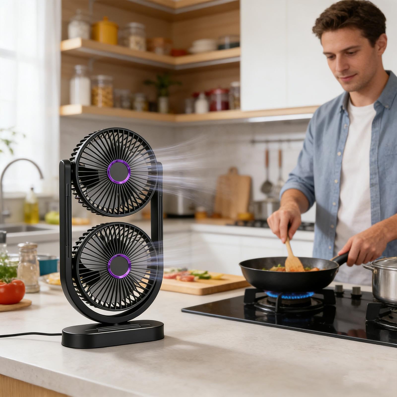 Ventilador de Mesa Silencioso Doble cabezal recargable refrescante y | ventilador de sobremesa para verano y refrigeración de escritorio para apartamento dormitorio salón cocina oficina