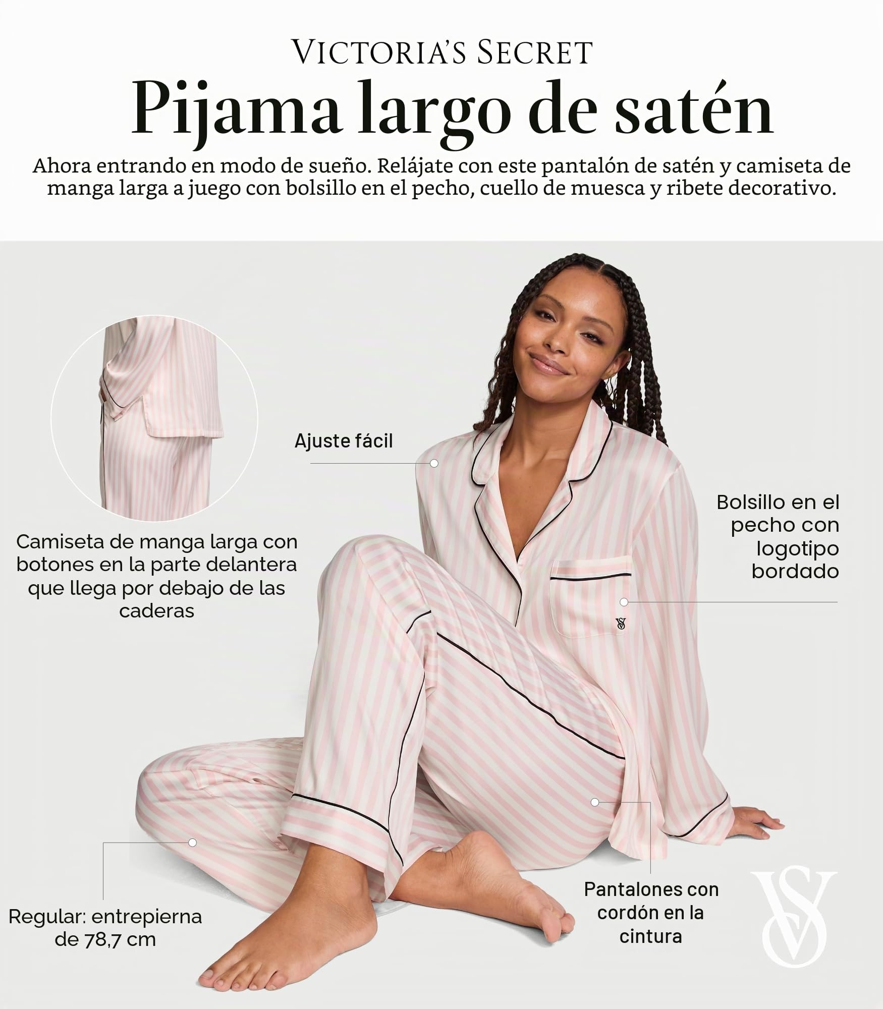 Victoria's Secret Conjunto de pijama largo de satén, ropa de dormir para mujer (XS-XXL), 134045 Iconicstrpe C693 Pretty