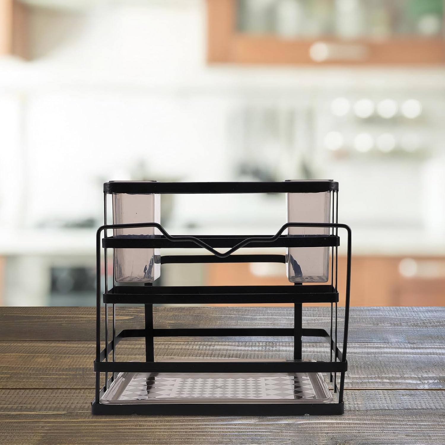 Zerodeko Kitchen Storage Rack Black with Knife Holder Carbon Steel and Removable Drain Tray Multifunctional Kitchen Organizer Sturdy and Stylish Utensil Holder for Home Use