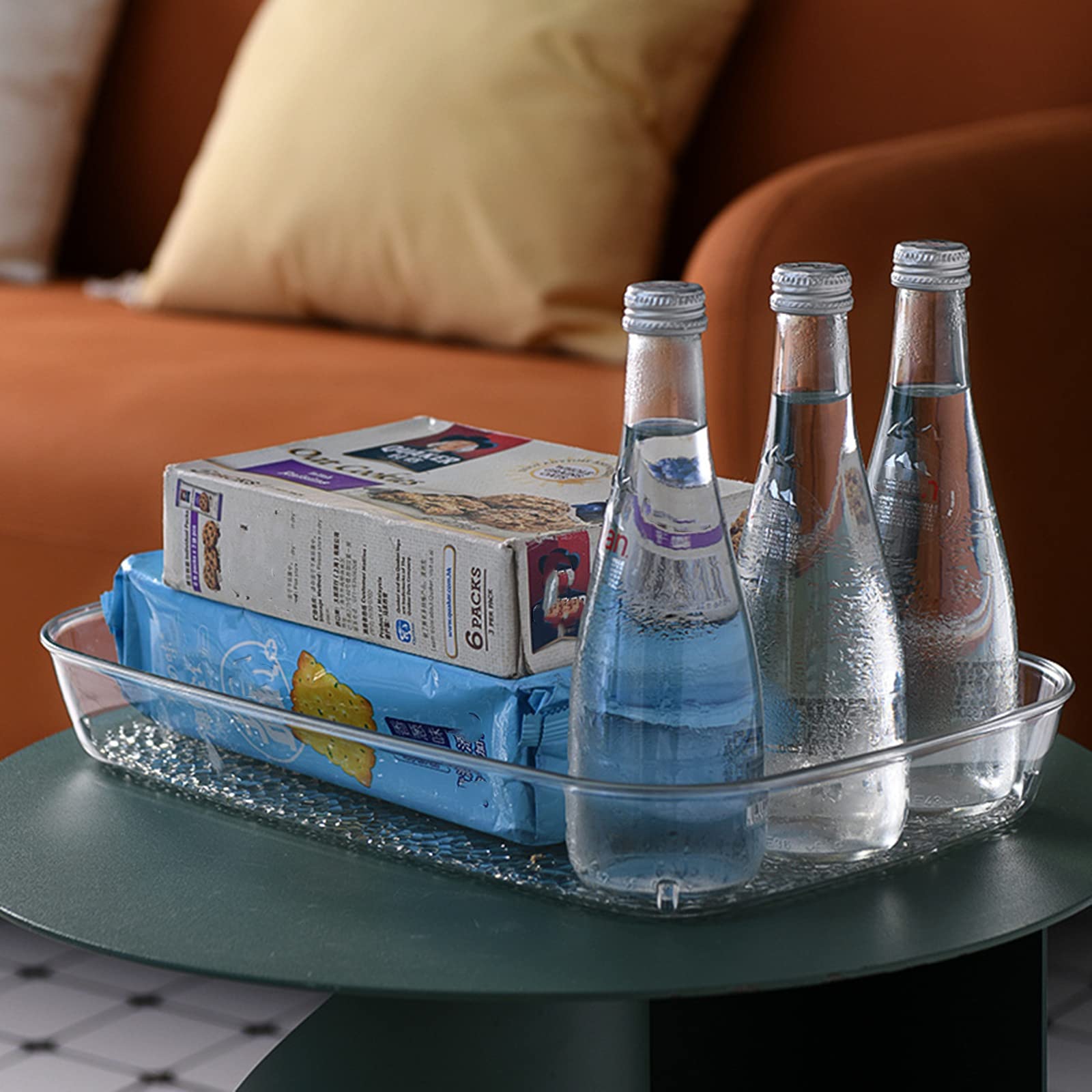 Lyellfe Paquete de 4 bandejas transparentes para servir, 15 x 10 pulgadas de profundidad, a prueba de derrames, mesa de café decorativa, bandeja de perfume para baño, mesa de comedor, armario de