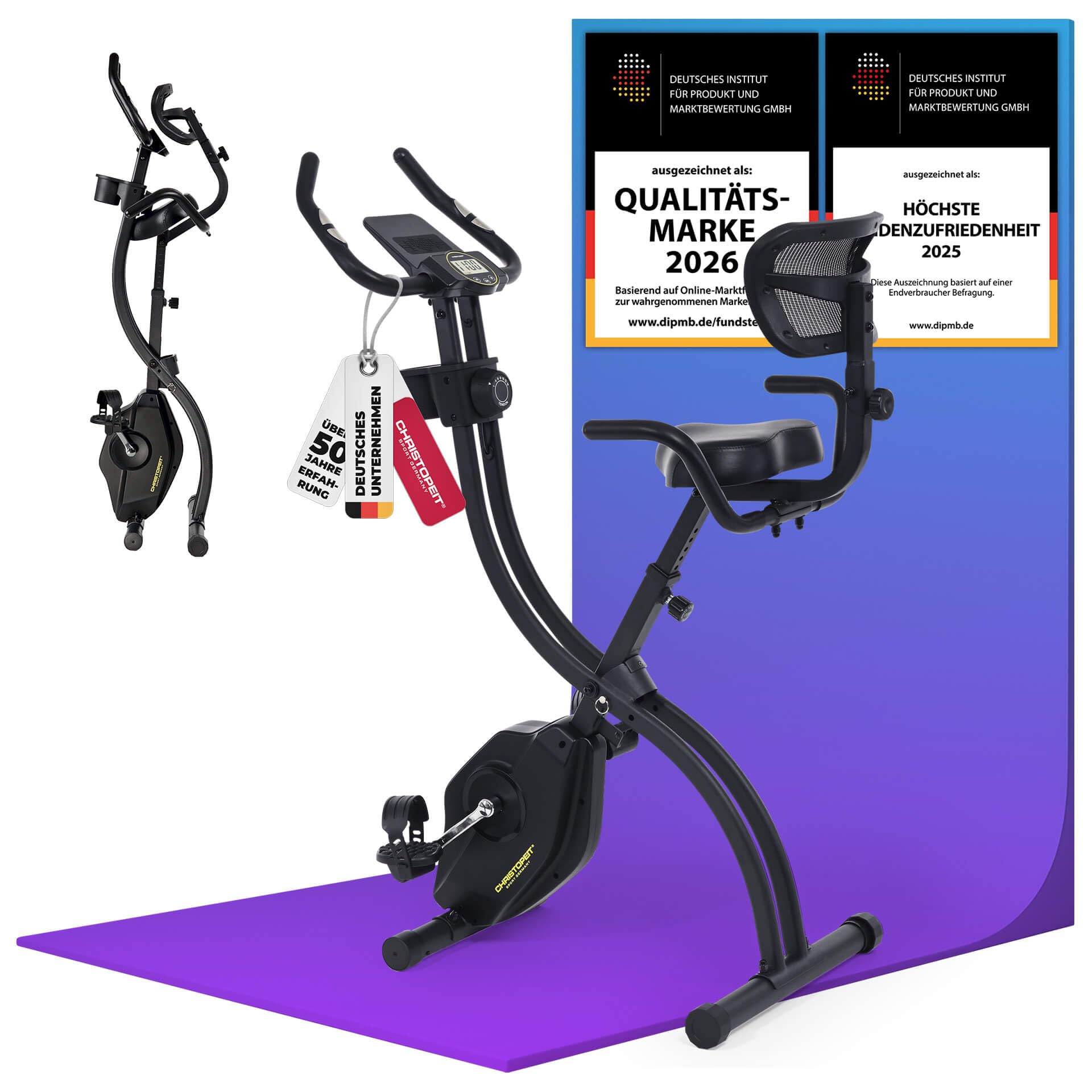 Christopeit S-Bike Velo Fit – Klappbarer Heimtrainer mit Magnet-Bremssystem, LCD-Display, Handpulssensoren, Tablet-Halterung, Fitnessbike für Zuhause, platzsparend Sport & Freizeit