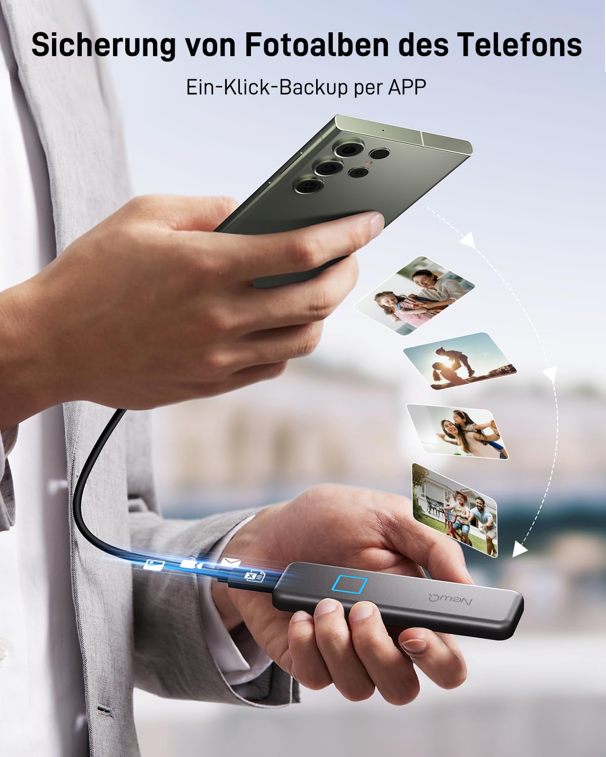 NEWQ 512 GB Externe SSD mit Fingerabdruck – Sichere Backups & Verschlüsselung per App für USB-C iPhone 17/16/15, Android, iPad, Mac/Windows (Nicht kompatibel mit iPhone/iPad mit Lightning-Anschluss)