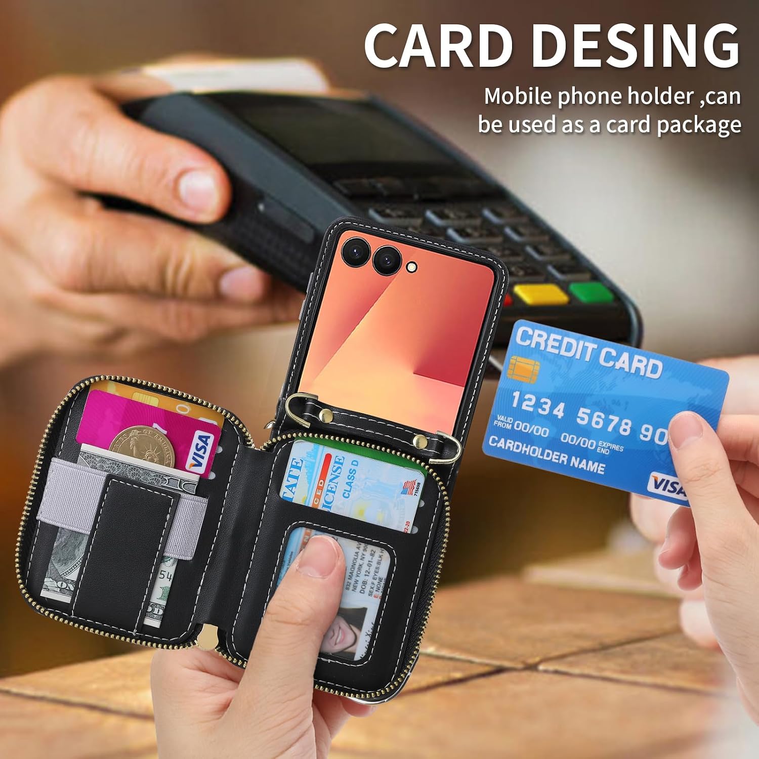 Crossbody Case for Samsung Galaxy Z Flip 7, Wallet Phone Case with Card Slot Holder Kickstand Adjustable Lanyard for Women Girls, PU Leather Zipper Purse Cover Black