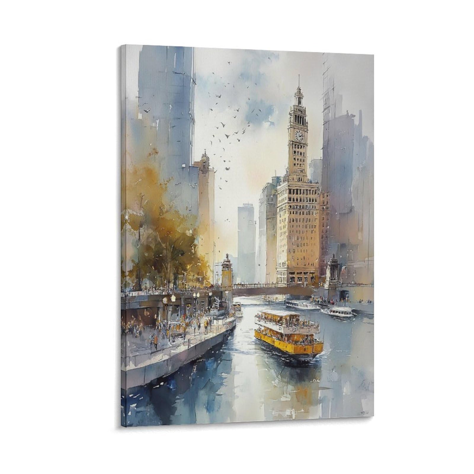 XWYMXZ Boston Watercolor Painting Travel Poster 24x36inch(60x90cm) Vintage Watercolor Canvas Art