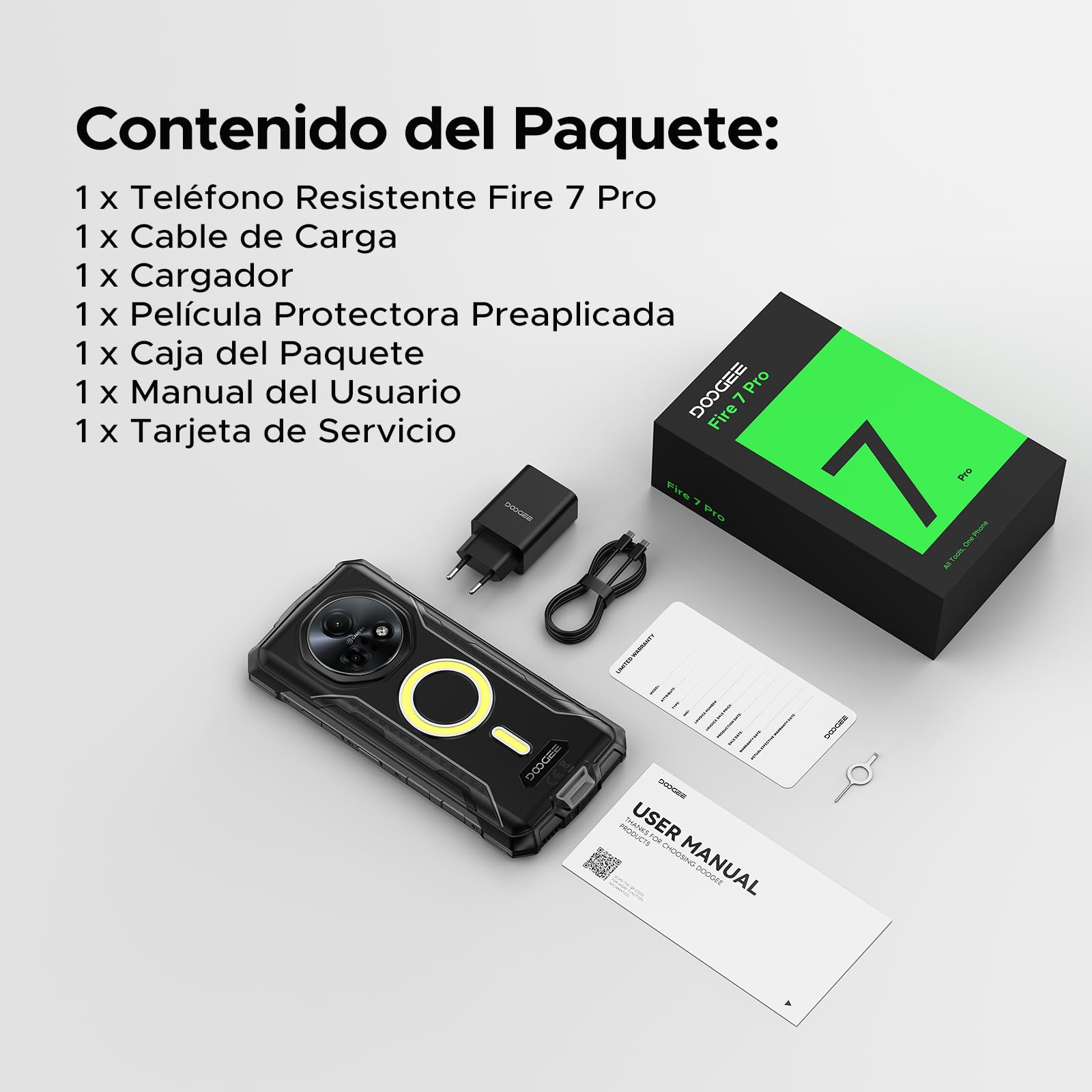 FIRE7PRO Móvil Rugerizado 6,6" IPS/90Hz 13000mAh/33W, 32GB+256GB/2TB Android 15 Movil Indestructible, Cámara 64MP+20MP+16MP/Lámpara de 1200LM/NFC/OTG/Face ID/GPS/Movil Irrompible