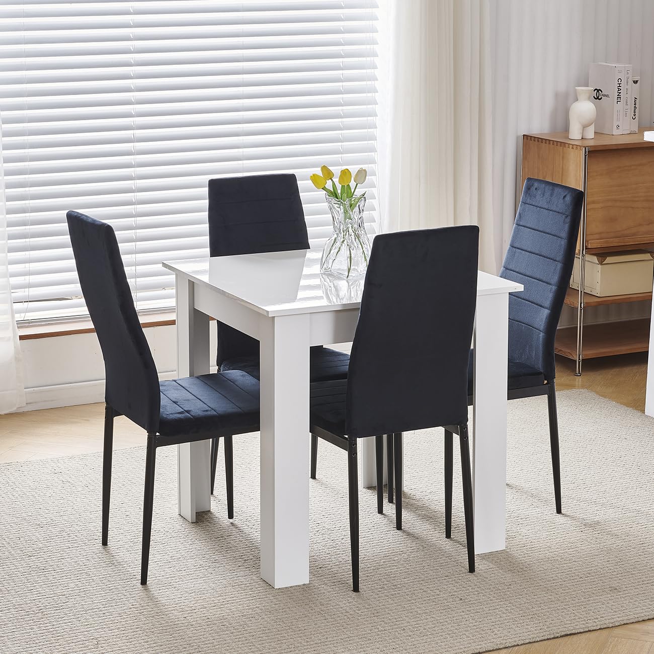 Homullel 75x75 cm Small Dining Table and 4 Chairs, 4 Seater Table and Chairs Set Kitchen Dining Room Set for 4, Compact, Space Saving, Wooden, Glossing Tabletop White (4 Seats, Flannel Black)