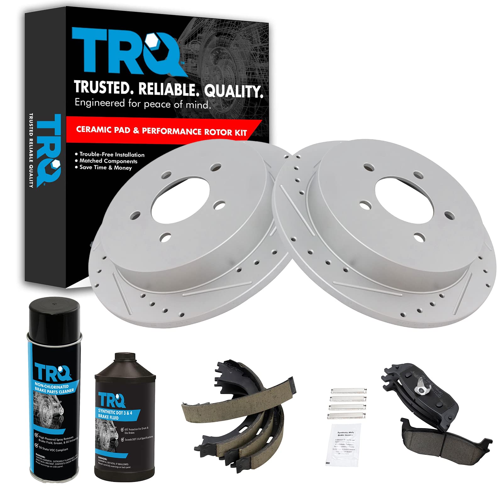 TRQ Performance Rear Brake Pad &amp; Rotor Kit Premium G-Coated Ceramic Slotted X Drilled Compatible with 97-02 Ford Expedition 99-03 F-150 2004 F-150 Heritage 2002 Lincoln Blackwood 98-02 Navigator