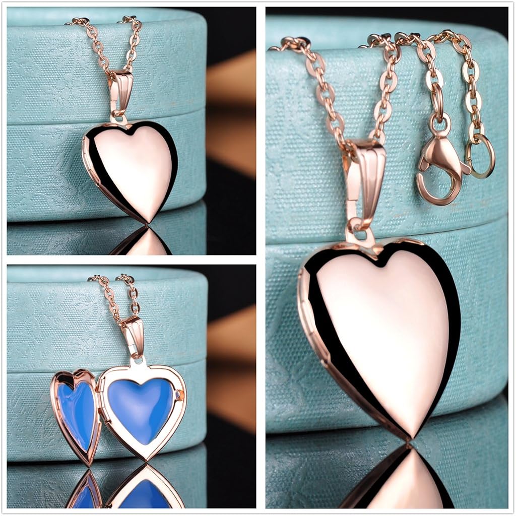 Yumilok stainless steel photo locket, amulet, rose gold silver-tone, heart pendant necklace, 3 pieces, Rose Gold, Silver, Blue, Pink - Image 3