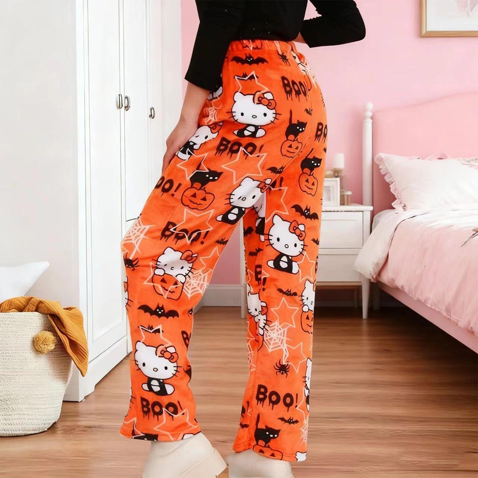 Pantalones de pijama para mujer, pantalones largos de pijama de anime, pantalones largos de franela, dibujos animados kawaii, mullidos y cálidos, pantalones de salón Y2K para mujer, otoño e invierno