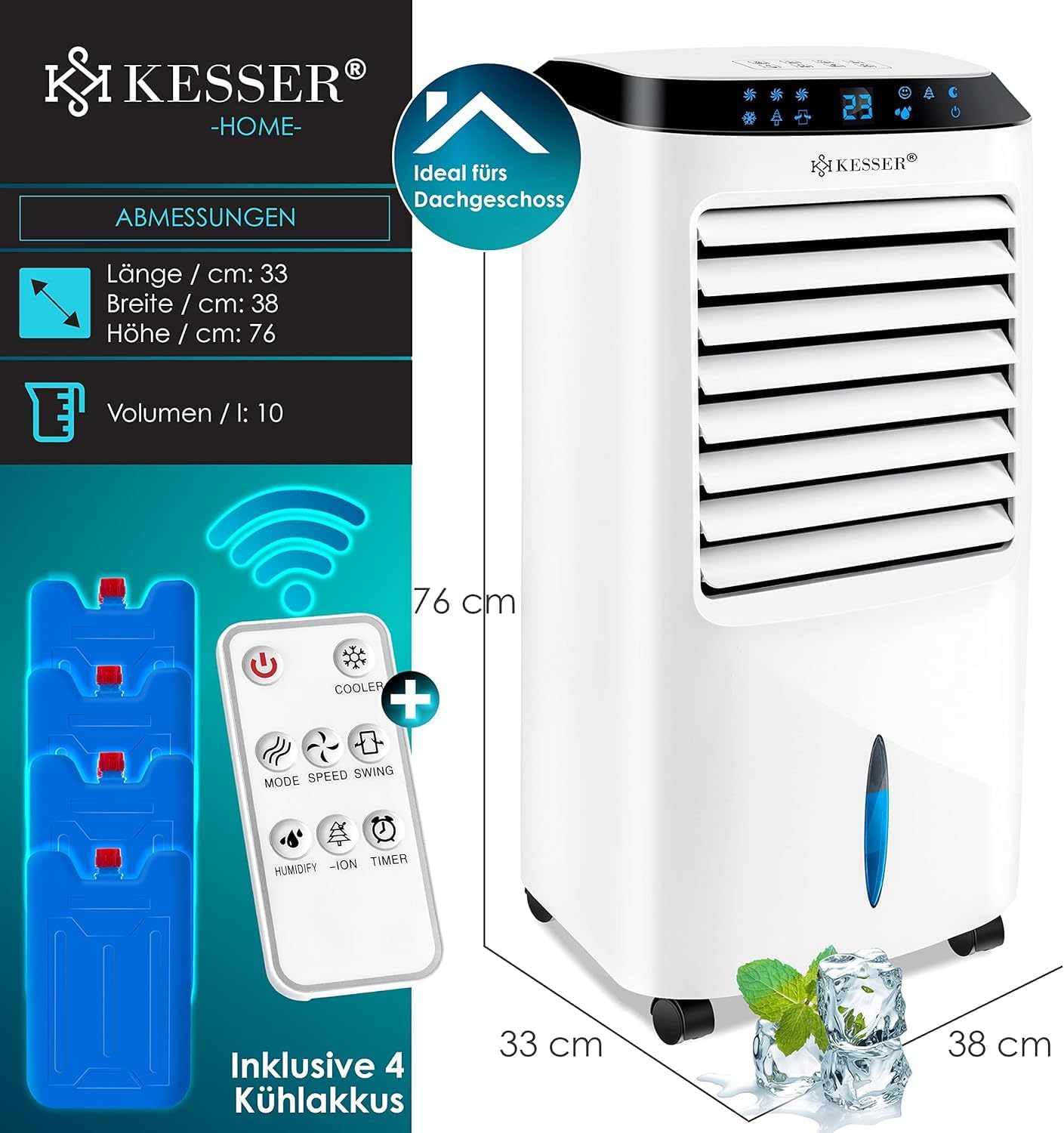 KESSER® Mobile Klimaanlage 4in1 Luftkühler – Air Cooler mit Fernbedienung & Timer, 10L Wassertank, Ionisator & Luftbefeuchter, Ventilator Klimagerät ohne Abluftschlauch, 3 Stufen inkl. Kühlakkus