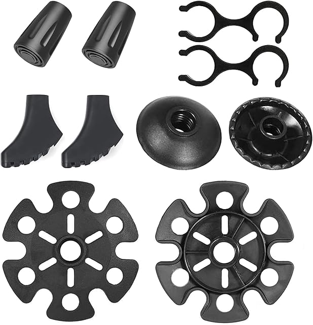 VENGABY Walking Poles Accessories 10 Pack, Snow Baskets, Mud Baskets, Clips, Walking Stick Caps and Rubber Alpenstock Head Cover Replacement Rubber Tips End Fit for Most Hiking Poles, Hiking Stick