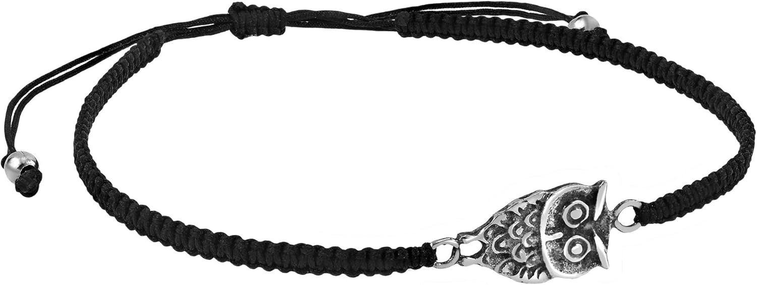 AeraVida Nocturnal Guardian Owl .925 Sterling Silver Charm on Black Adjustable Bracelet | Sterling Silver Charm Bracelet for Women | Black Adjustable Bracelet for Women - Image 3