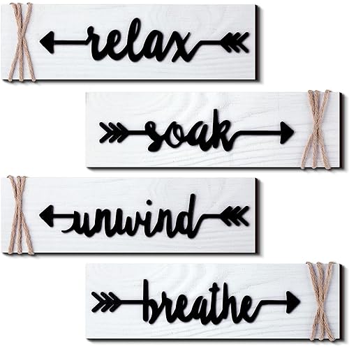 Jetec 4 Pieces Farmhouse Bathroom Decor Wall Art Soak Relax Unwind Breathe Wooden Signs with Arrow Rustic Vintage Country Bathroom Decor for Home Laundry Room(White)