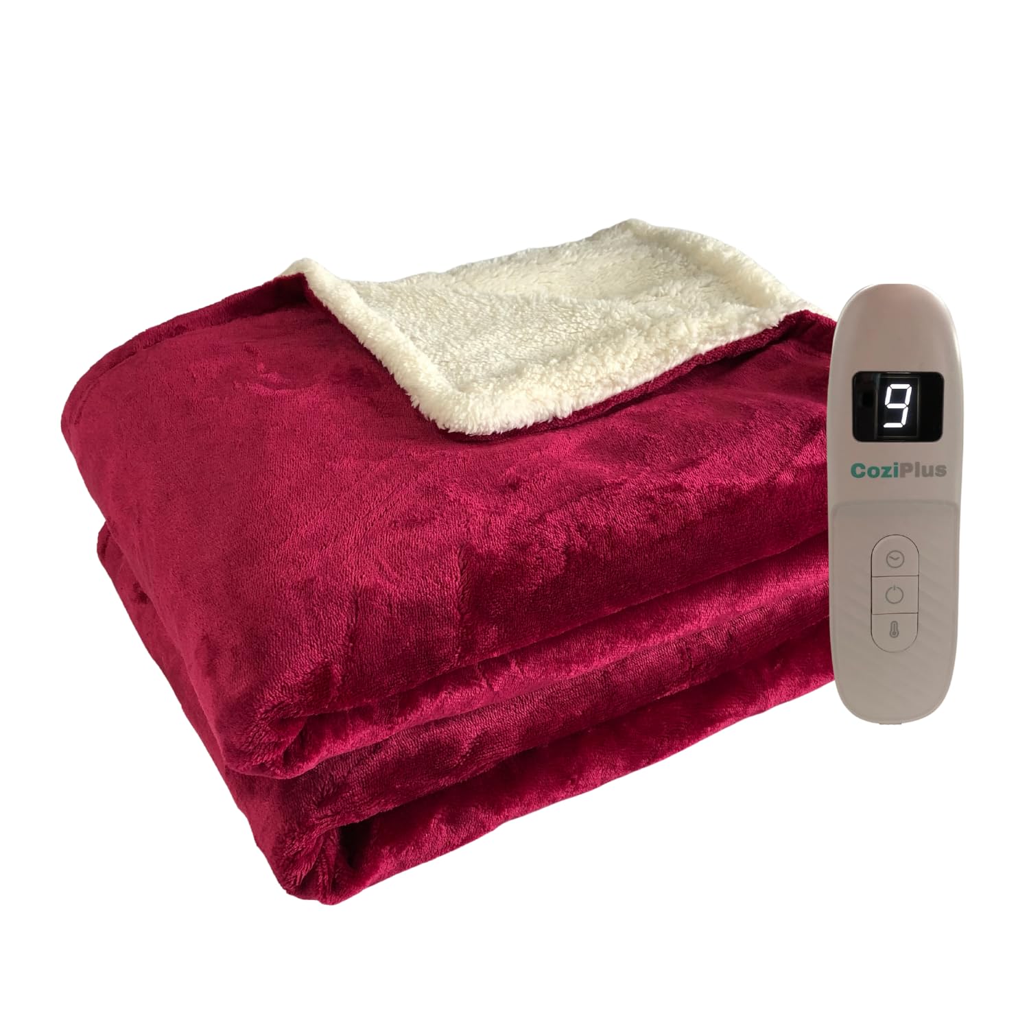 Coziplus Electric Heated Blanket Throw Flannel & Sherpa Fleece, Fast Heating, 160x130cm, 9 Heat & Timer Levels, Auto-Shut Off, LED Display, For Home & Office Use (Raspberry Red)