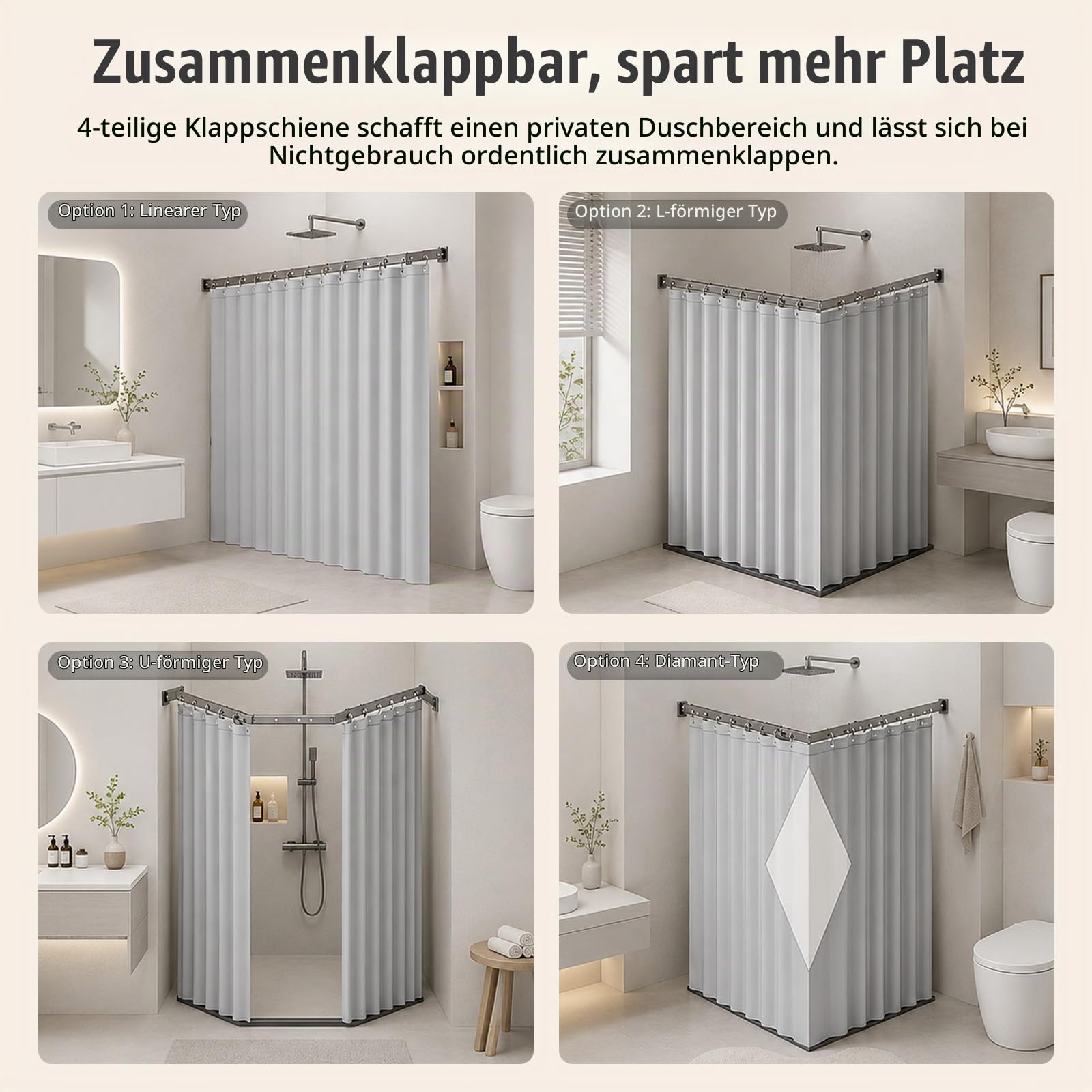 Duschvorhang Ohne Bohren - 1.8x2m Faltbare Duschvorhangstange, Wasserdicht Duschvorhang mit Stange, für Badezimmer, Ecken, Umkleideräume