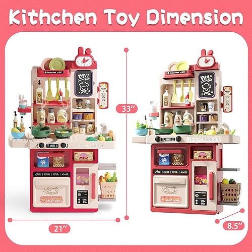 Miniatura 4 de Juego de cocina para niños, 63 piezas, juguetes de cocina para niños pequeños, estufa de cocina con luz de sonido de vapor, fregadero de juego con