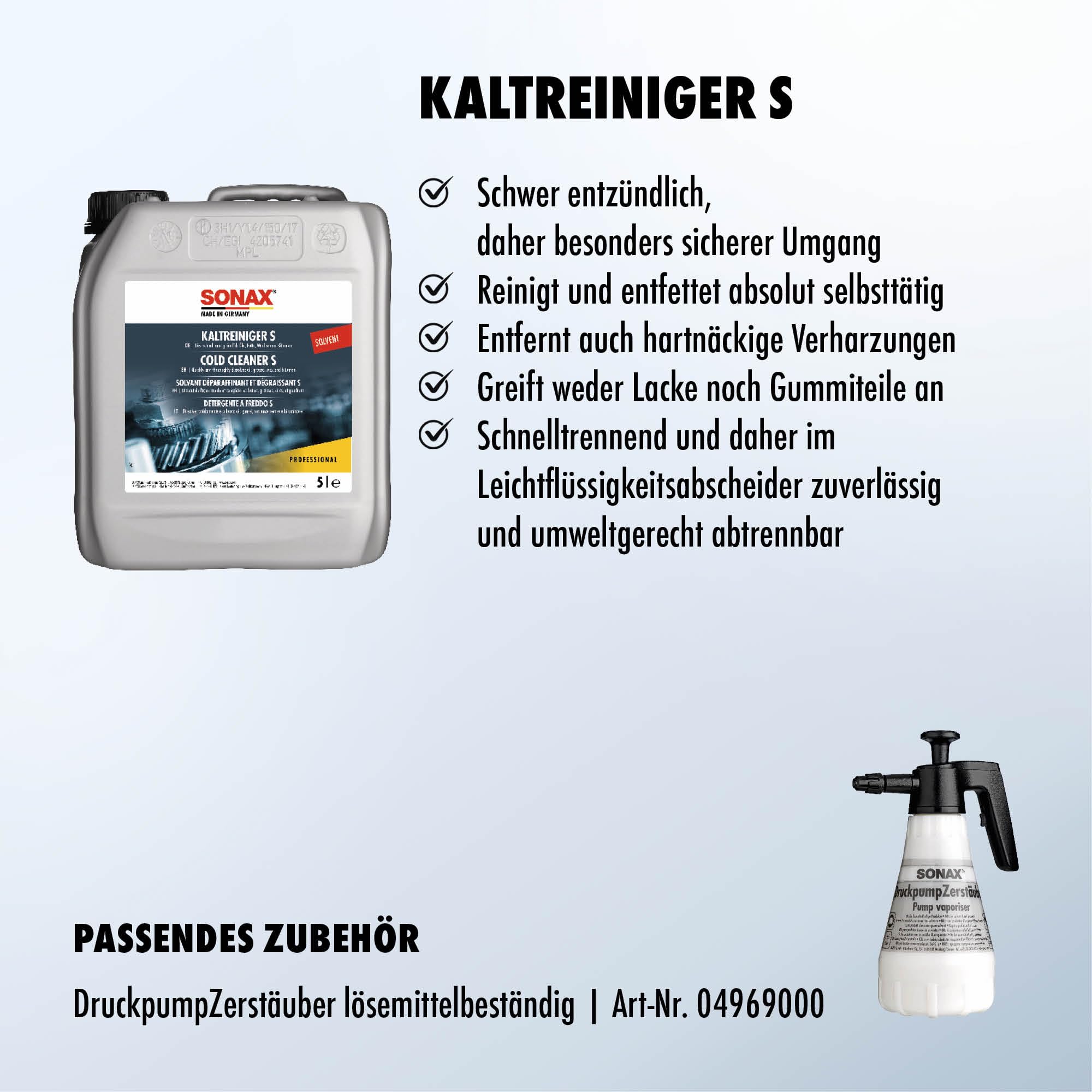 SONAX KaltReiniger S (5 Liter) auf Lösemittelbasis zur Reinigung von öl- und fettverschmutzten Teilen Aggregaten und Werkzeugen | Art-Nr. 05425000