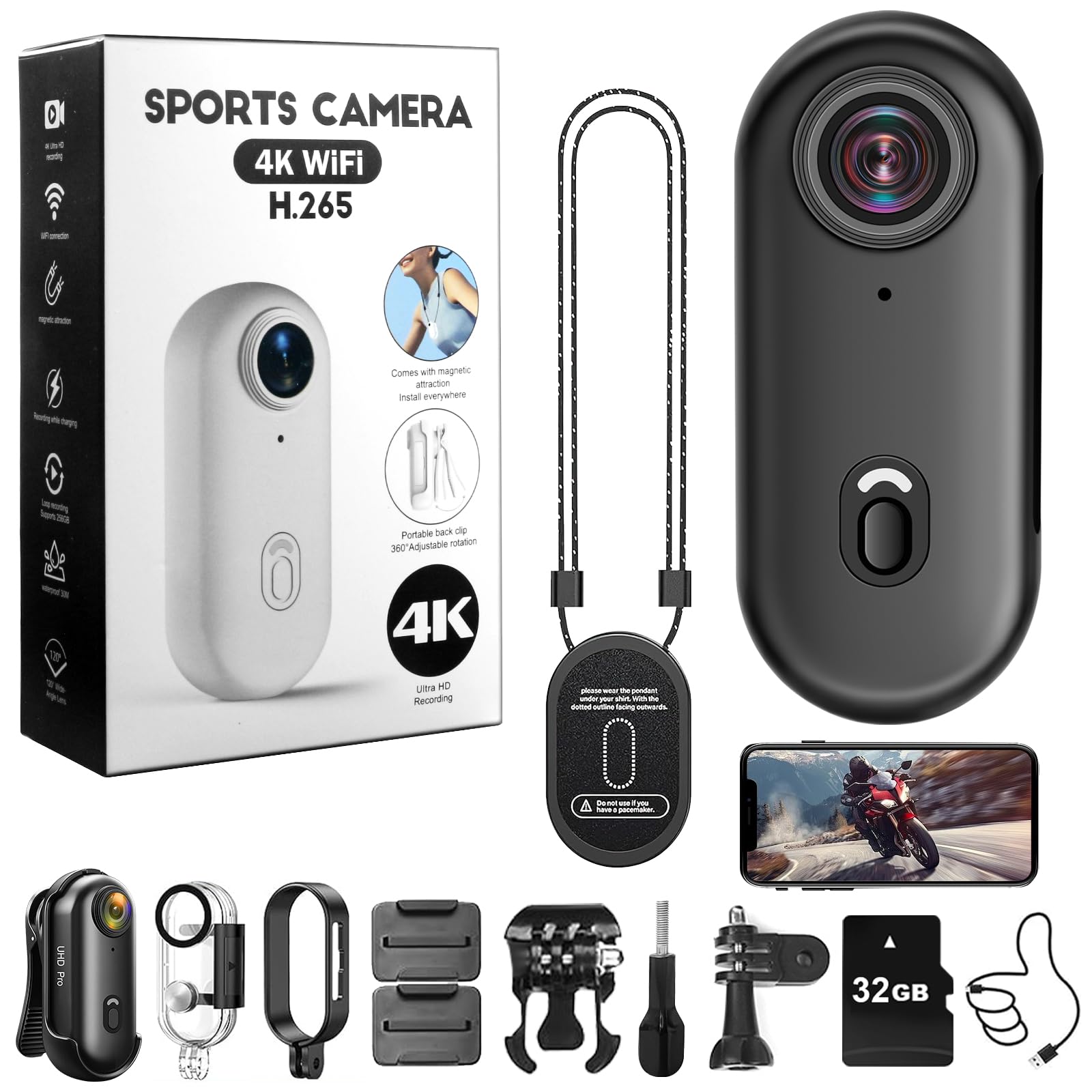 Caméra d'action WiFi 4K, Mini Caméra d'action Sportive 170°, Caméra pour Casque de Moto, Caméra Vidéo Portable Étanche 32 Go avec Aimant pour Le Cyclisme et la Pêche