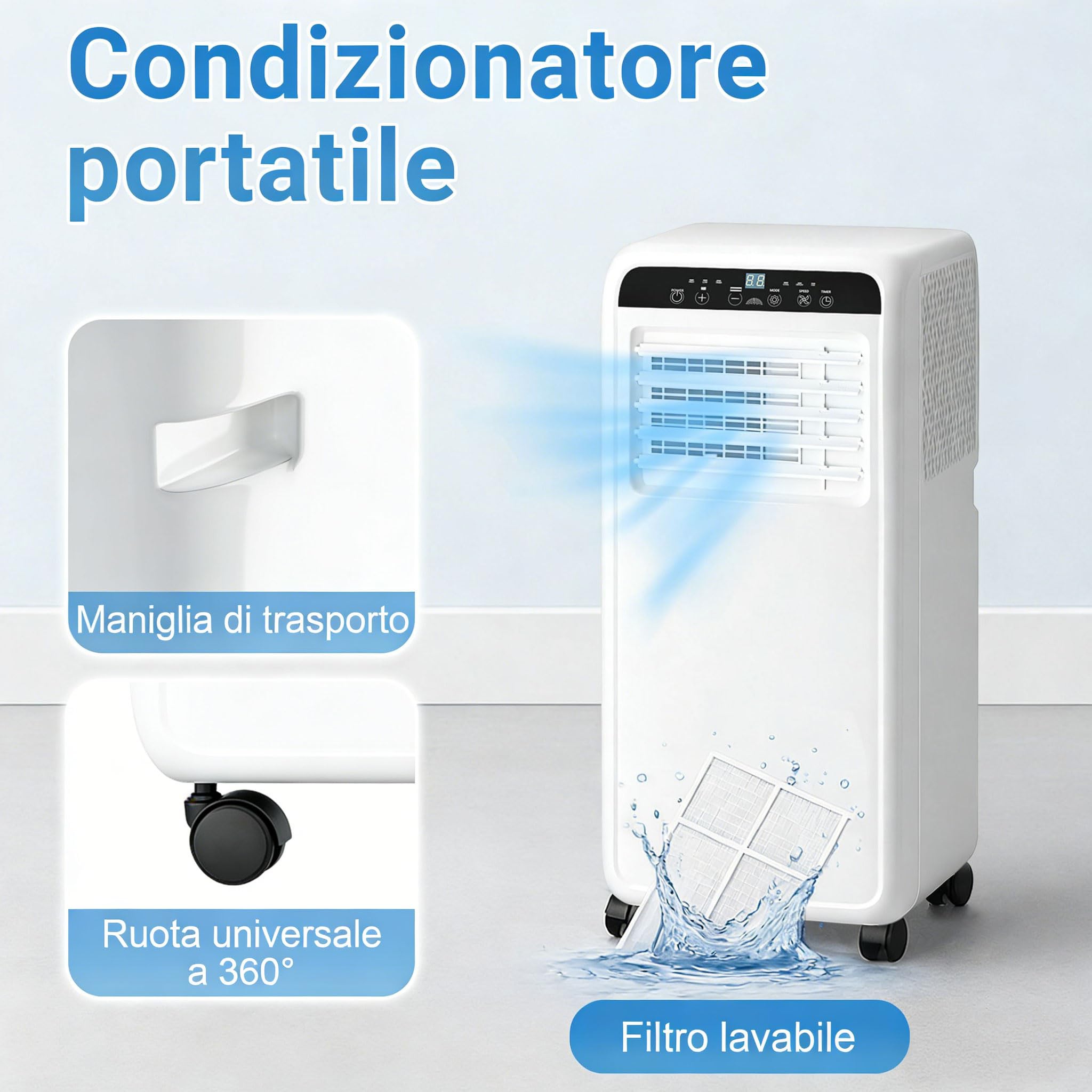 Climatizzatore portatile 9000 BTU 3-in-1 fino a 35 m²: raffreddamento, ventilazione e deumidificazione. Con telecomando, kit installazione, timer 24h e funzionamento silenzioso