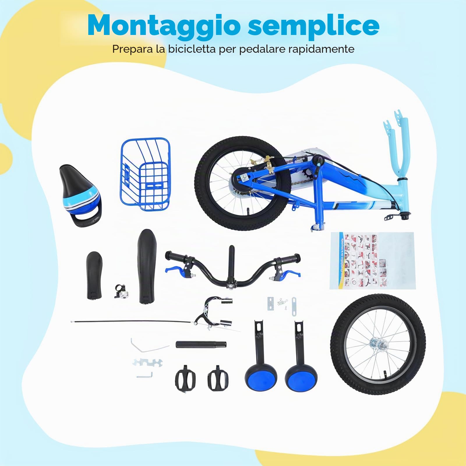 Bicicletta per bambini da 14 pollici, con ruote di supporto e cestino, regolazione dell'altezza, in acciaio al carbonio, per bambini dai 3, 4, 5, 6 anni, blu/viola/beige