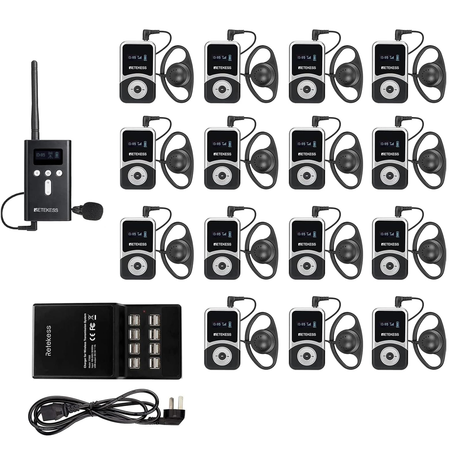 Retekess T130S (T130 2rd) Audio Tour Guide Audio System, Sistema di Guida Turistica, Colore Del Logo e Carattere Personalizzabili (1 Trasmettitori 15 Ricevitori)