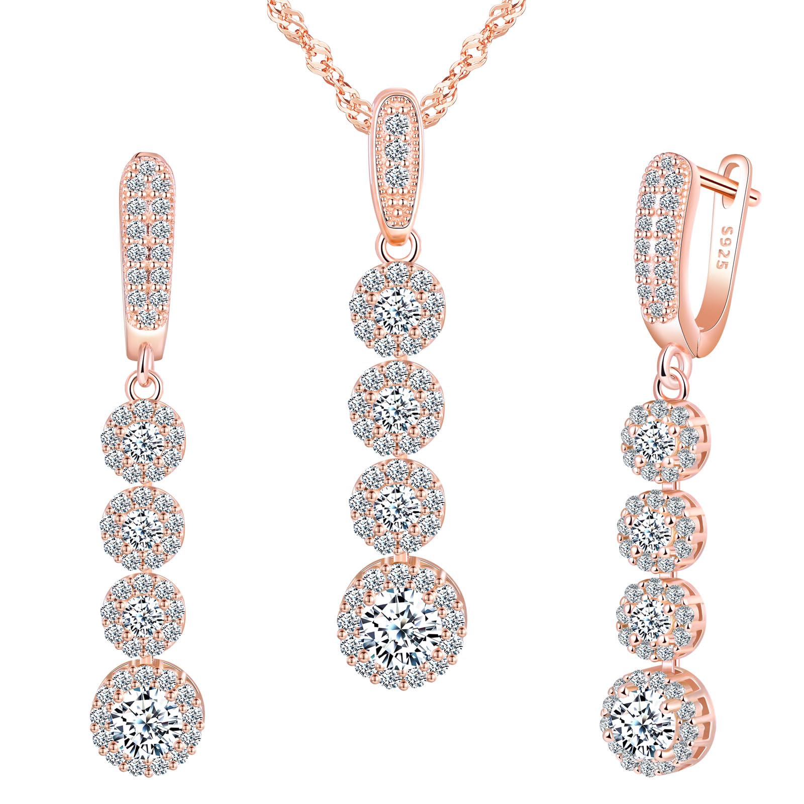 MICMIF Set di Collana e Orecchini Lunghi da Sposa, Parure Gioielli Zircone in Argento 925 per Donna, Orecchini a Goccia con Zirconi Collana con Ciondolo, Gioielli Elegante Catena 45cm