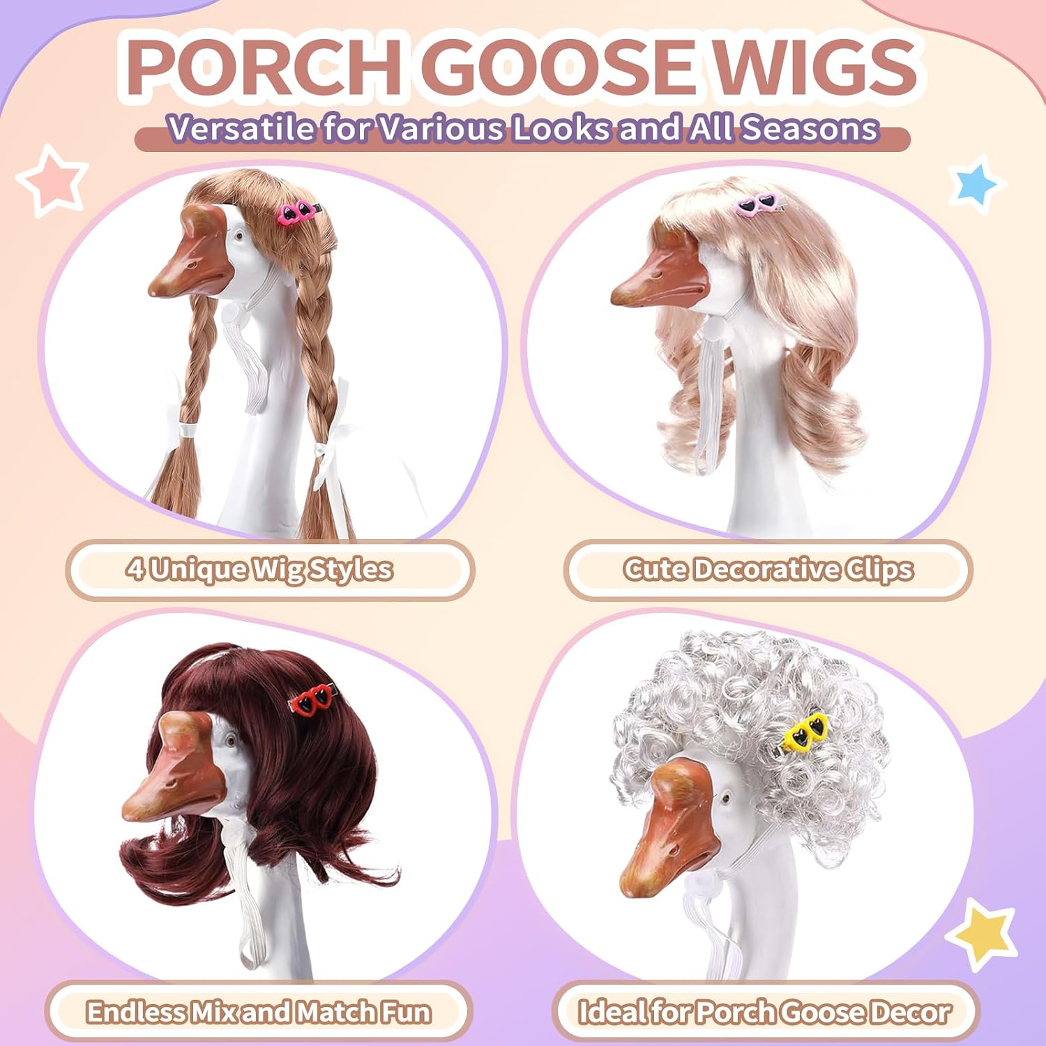 4Pcs Porch Goose Wigs with Hair Clips, Goose Statue Accessories for 17-23” image 2