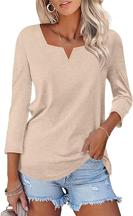 TICTICMISS Womens 3/4 Sleeve Tops Summer Square V Notched Neck T Shirts | Cotton Blend, Not Clingy, All Season Wear, Loose Fit, No See-through, Layering, Easy Care, Casual, Daily Clothes, Vacation