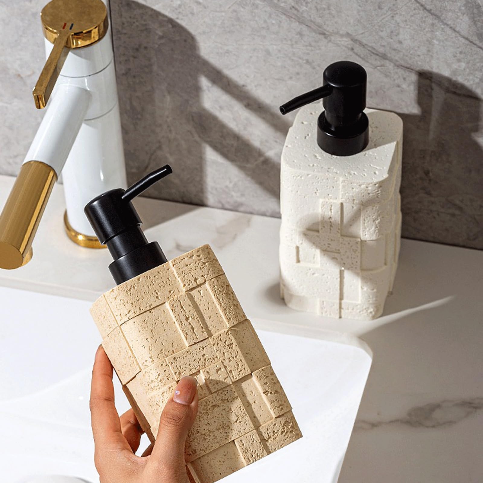 Dispenser di sapone da banco dispenser di sapone per le mani vintage, 396,9 g, beige liquido bianco, bottiglie di shampoo per bagno e cucina, dispenser di sapone liquido ricaricabile (Wei)