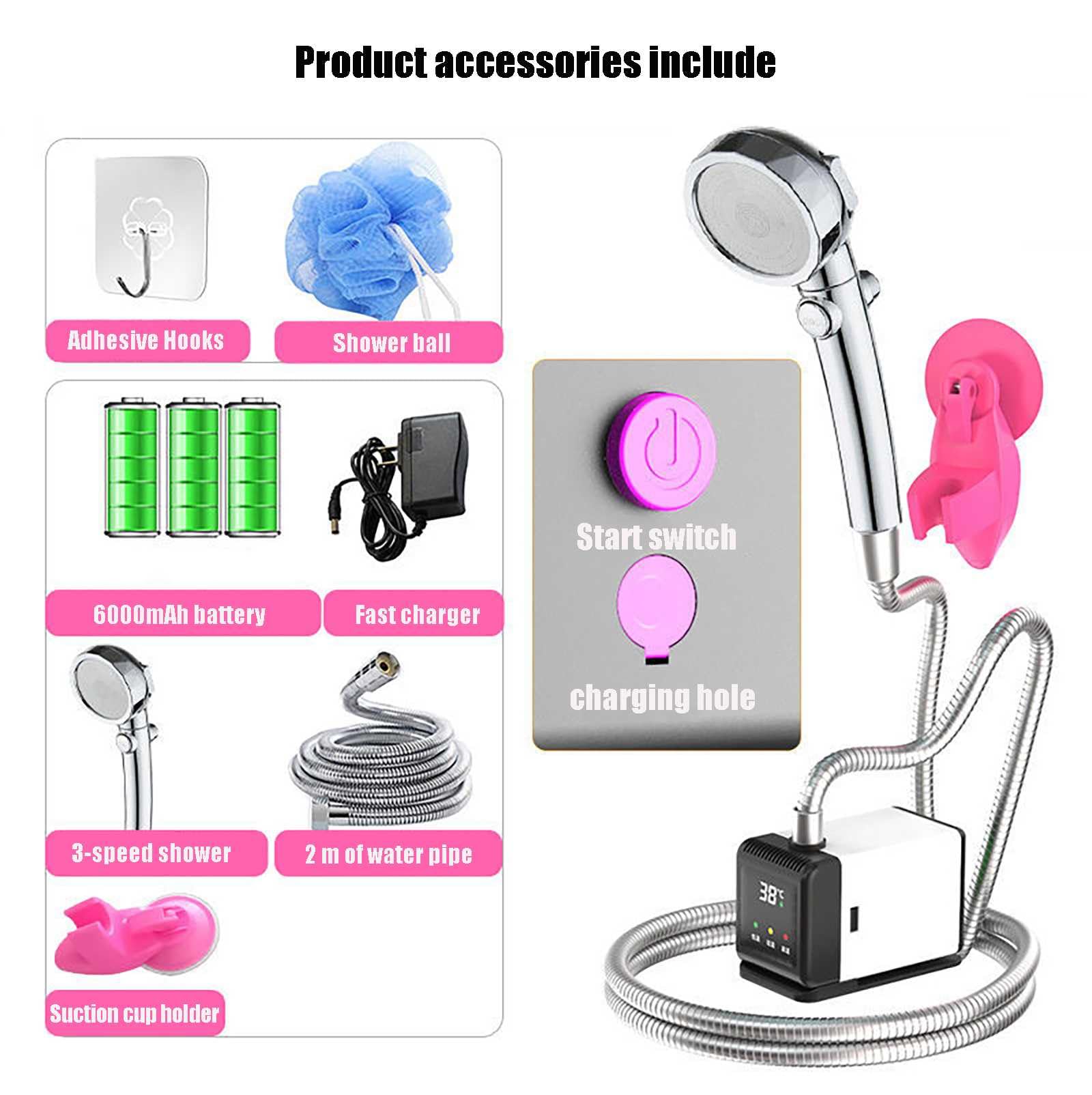 Ducha PortáTil para Exteriores, USB Calentable Ducha Recargable Temperatura Inteligente Ducha De Viaje para Camping 3 Paradas Flor De Vino, para Playa, JardíN