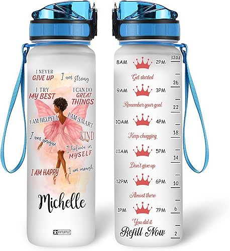 HYTURTLE Botella de agua motivacional personalizada con texto en inglés "I Never Give Up Black Queen" de 32 onzas, nombre personalizado de reina