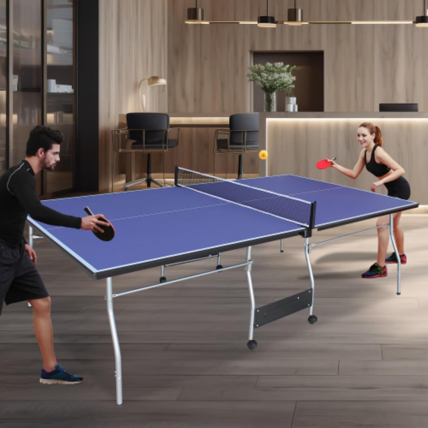 8ft Medium Ping Pong Table, Foldable Table Tennis Table, Foldable Portable Table Tennis Table Set for Indoor Games with Folding Legs with 2 Ping Pong Paddles and 3 Balls