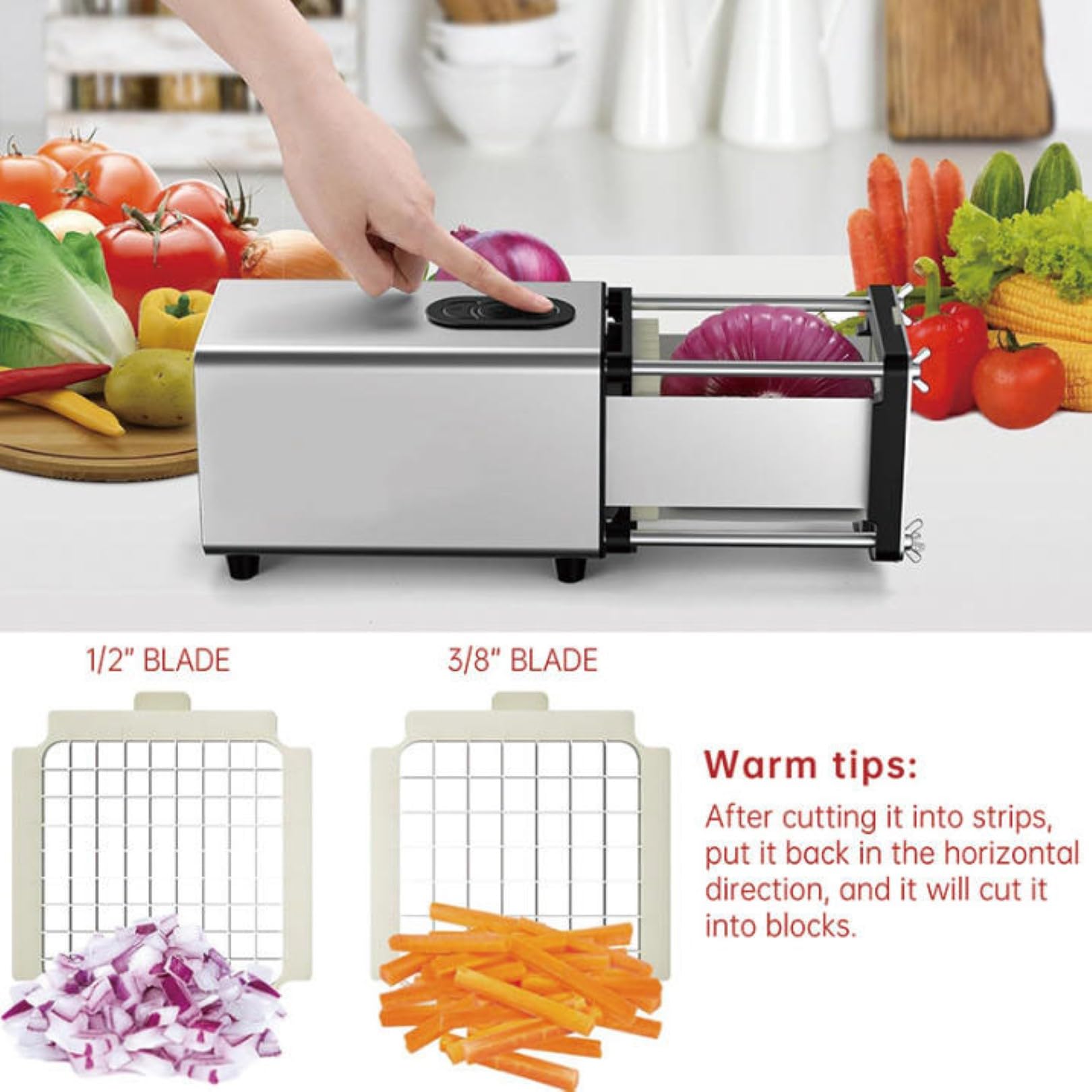 Tagliaverdure elettrico per patate, carote, cetrioli con lame da 1/2 e 3/8", ideale per patatine fritte, spicchi, strisce di verdure