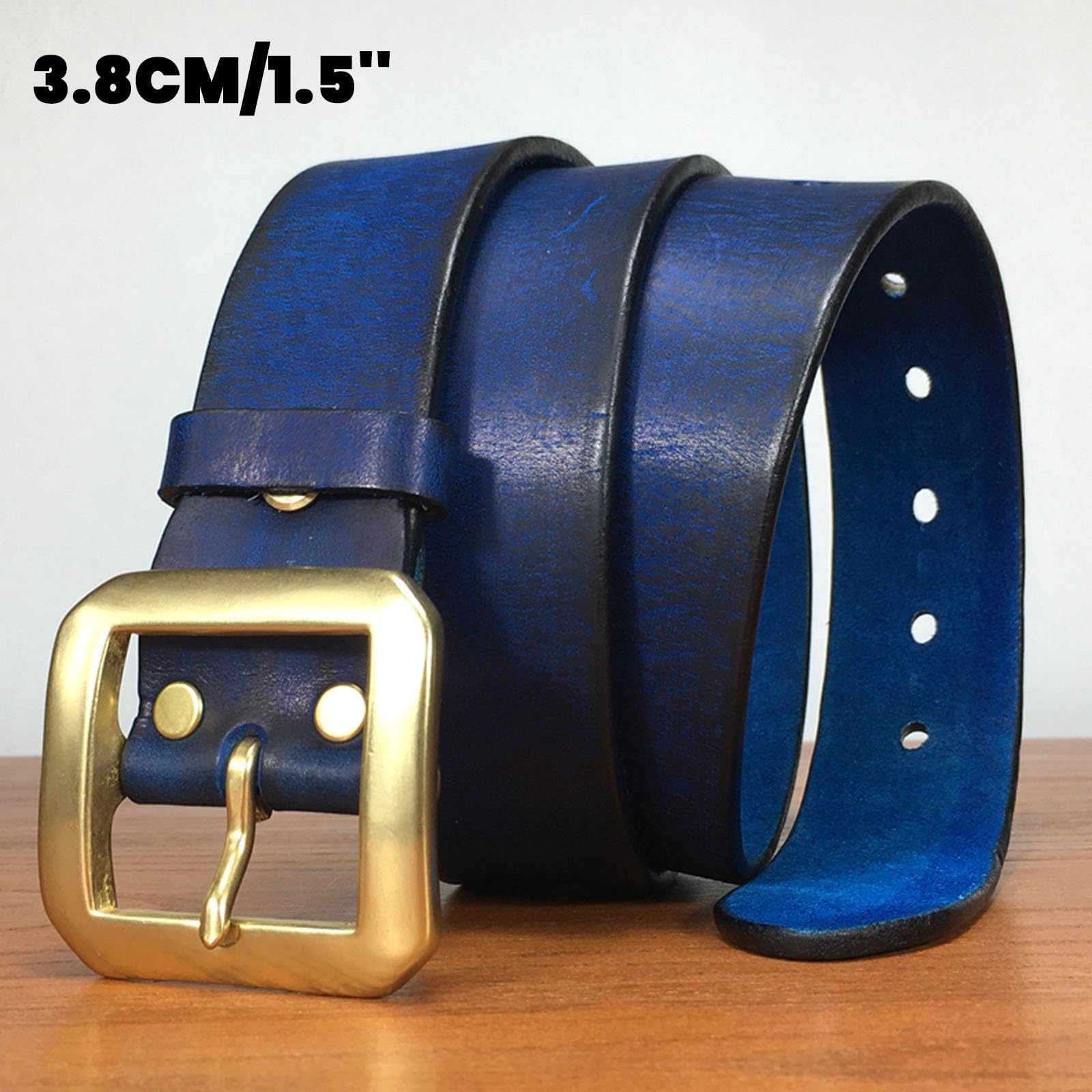Cinturon Mujer Azul, Cinturón Ancho Ajustable de Cuero Genuino Vintage para Vaquero Casual Con Hebilla de Metal de Latón, 3.8CM