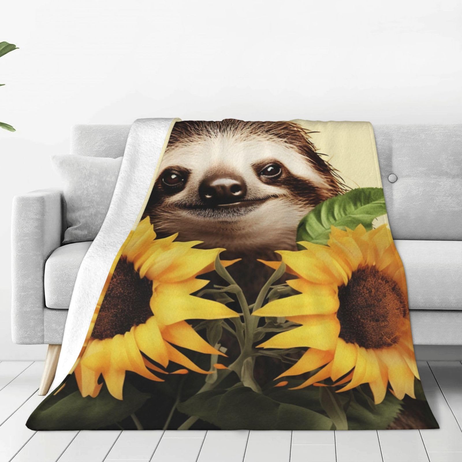 Sloth Sunflower Throw Blanket 80"x60" Flannel Fluffy Warm Blanket for Couch, Reversible Plush Blankets for Bed, Comfy Fuzzy Blanket for Sofa, Plush Lightweight-Blankets for All Season