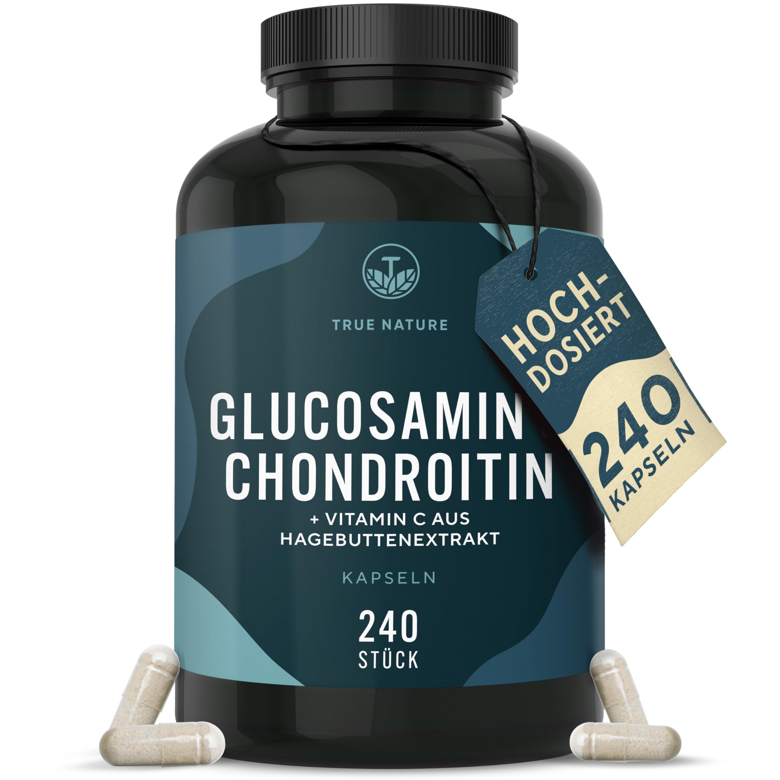 Glucosamin Chondroitin hochdosiert - 240 Kapseln mit 2600mg Glucosamin & Chondroitin pro Tag - mit Vitamin C (trägt zur normalen Kollagenbildung bei) - Pharmazeutische Qualität - TRUE NATURE