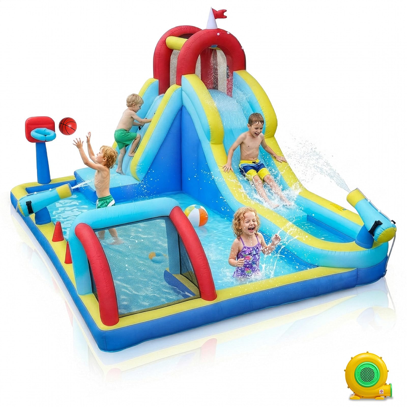 LEADZM Château Gonflable sur Le Thème du Sport avec Souffleur, Buts de Football, Paniers de Basket, Longue Barrière de Toboggan et Aire de Jeux d'ea, 400 * 305 * 225cm