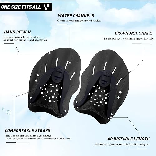 Miniatura 10 de Raquetas de natación con correas ajustables – Paletas de mano para natación de regazo, equipo para mujeres, hombres y niños (1 par)