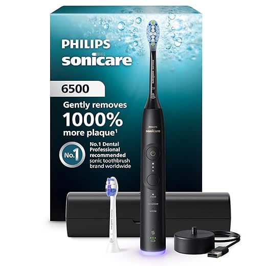 Philips Sonicare 6500 Series Electric Toothbrush - Next-Generation Sonicare Technology, Pressure Sensor, 9 Brushing Settings, SmarTimer, BrushPacer, 21-Day Runtime, Travel Case, Black, HX7411/08