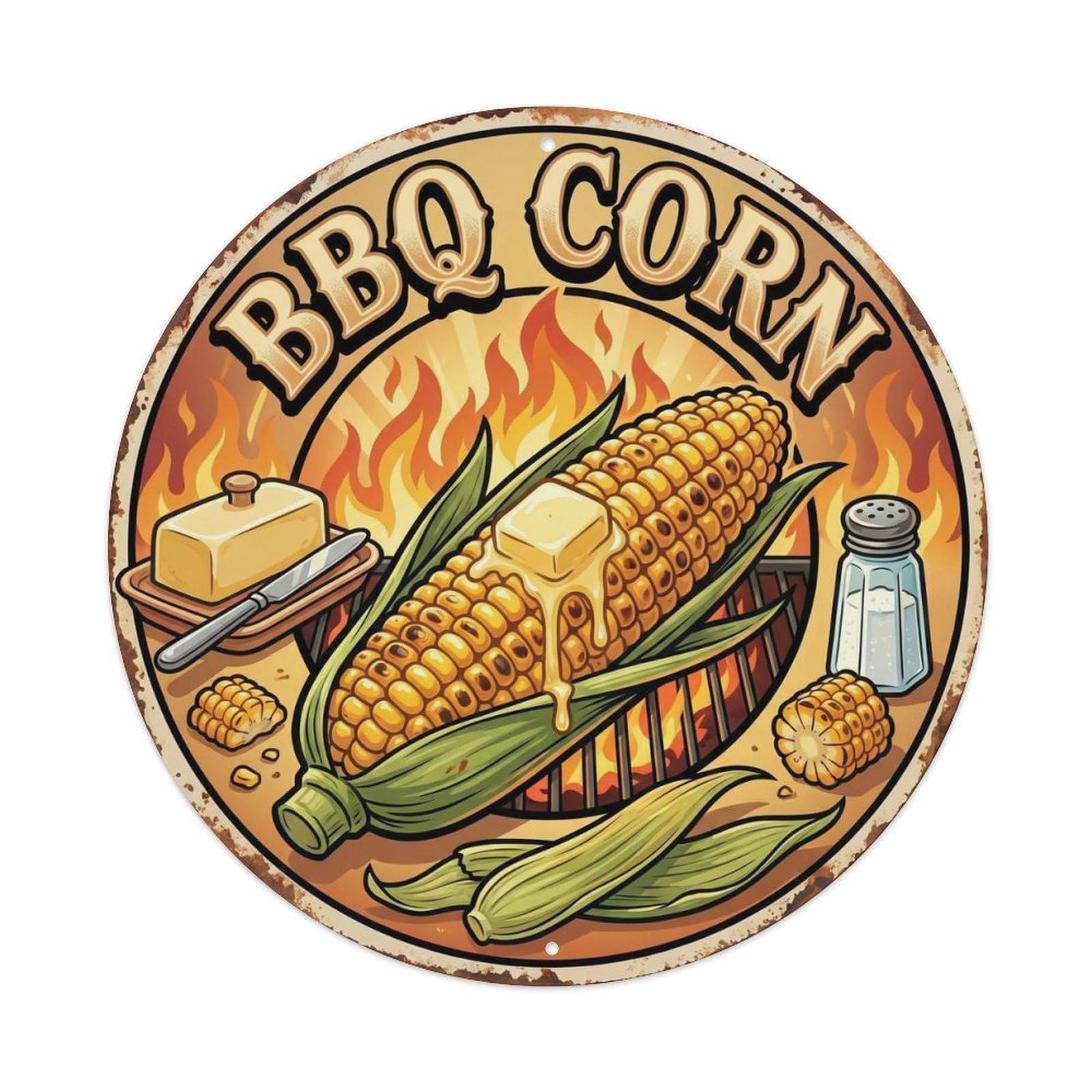 Yrnq Vintage Style-20 Vintage Bbq Barbecue Corn Artwork Metal Tin Sign Plaque Wall Decor For Cafe, Club, Garden Round Metal Poster 8X8inch
