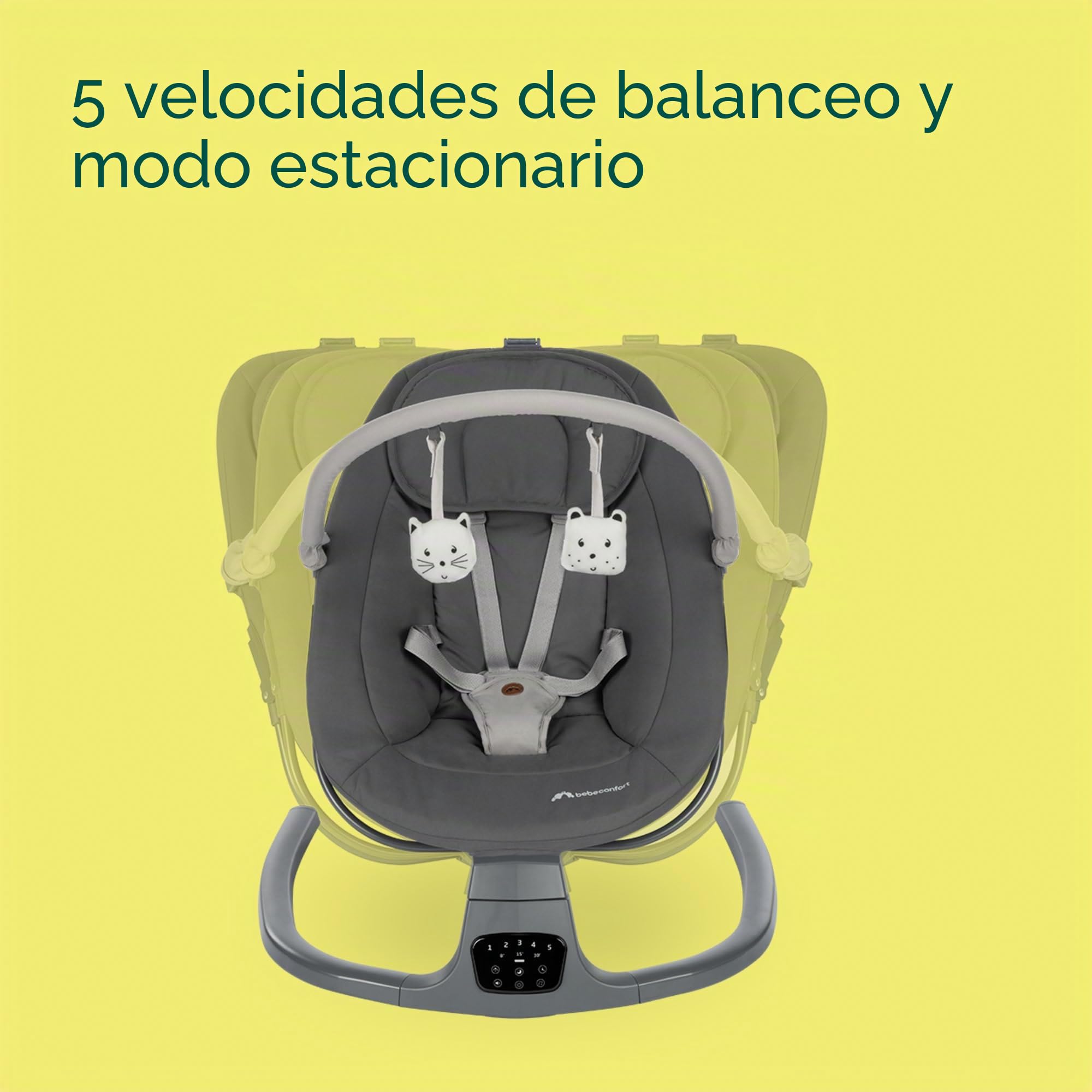 Bebeconfort Jolana - Columpio eléctrico para bebé, 0-6 meses (9 kg), detección automática de movimiento, 12 canciones de hollín, 5 sonidos naturales, respaldo ajustable, 2 posiciones reclinables