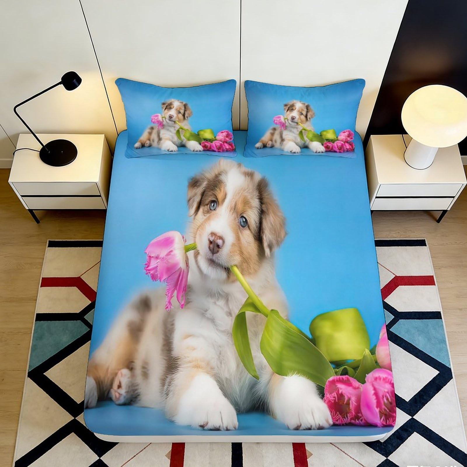 Qjzxknhpgr Style-4 3D Printed Puppy Flower Fitted Sheet Microfiber Soft Anti-Slip Mattress Cover For Bedroom Guest Room Decor 90X200x25cm