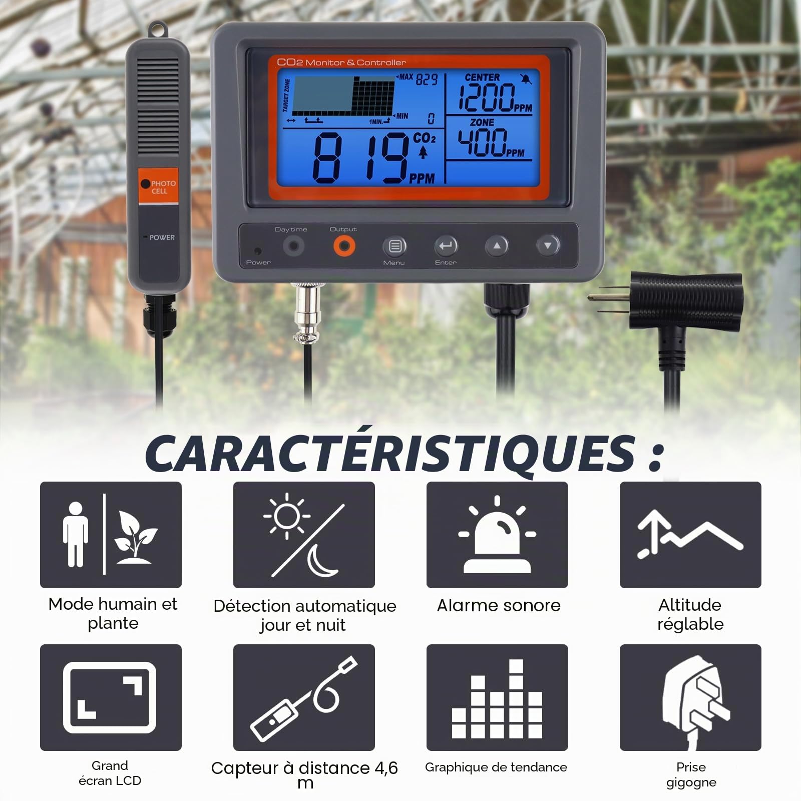 Contrôleur de CO2 Contrôleur de dioxyde de Carbone Moniteur de CO2 Fonction Relais Jour et Nuit, capteur de CO2 NDIR pour Serre, salles de Culture, Usine, Maison, Bureau