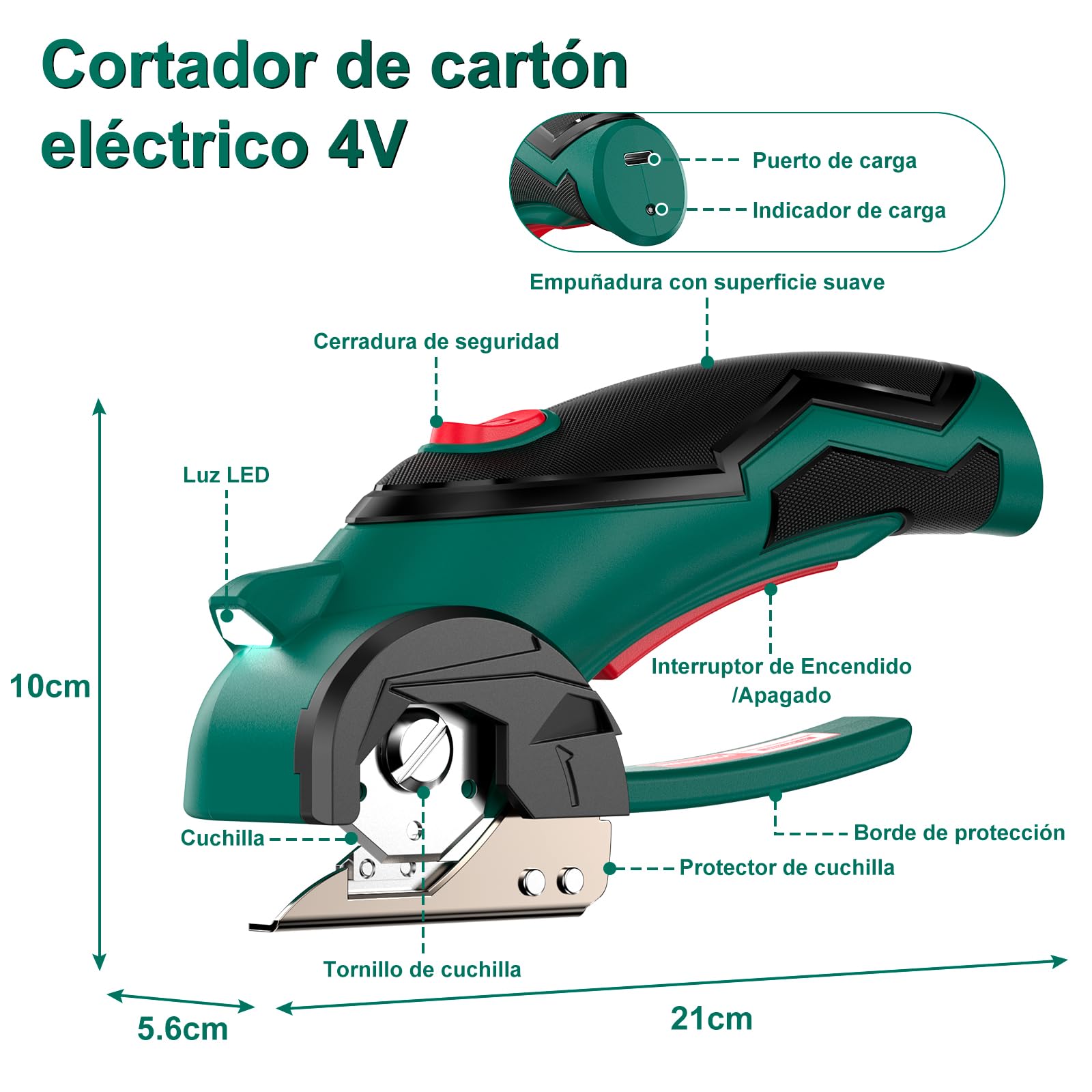 HYCHIKA Tijera Electrica Inalámbricas 4V, Cúter Rotativo Eléctrico 300 RPM, Tijeras Eléctricas con 2 Cuchillas y LED para Tela, Costura, Cuero, Alfombra, Cartón y Plástico