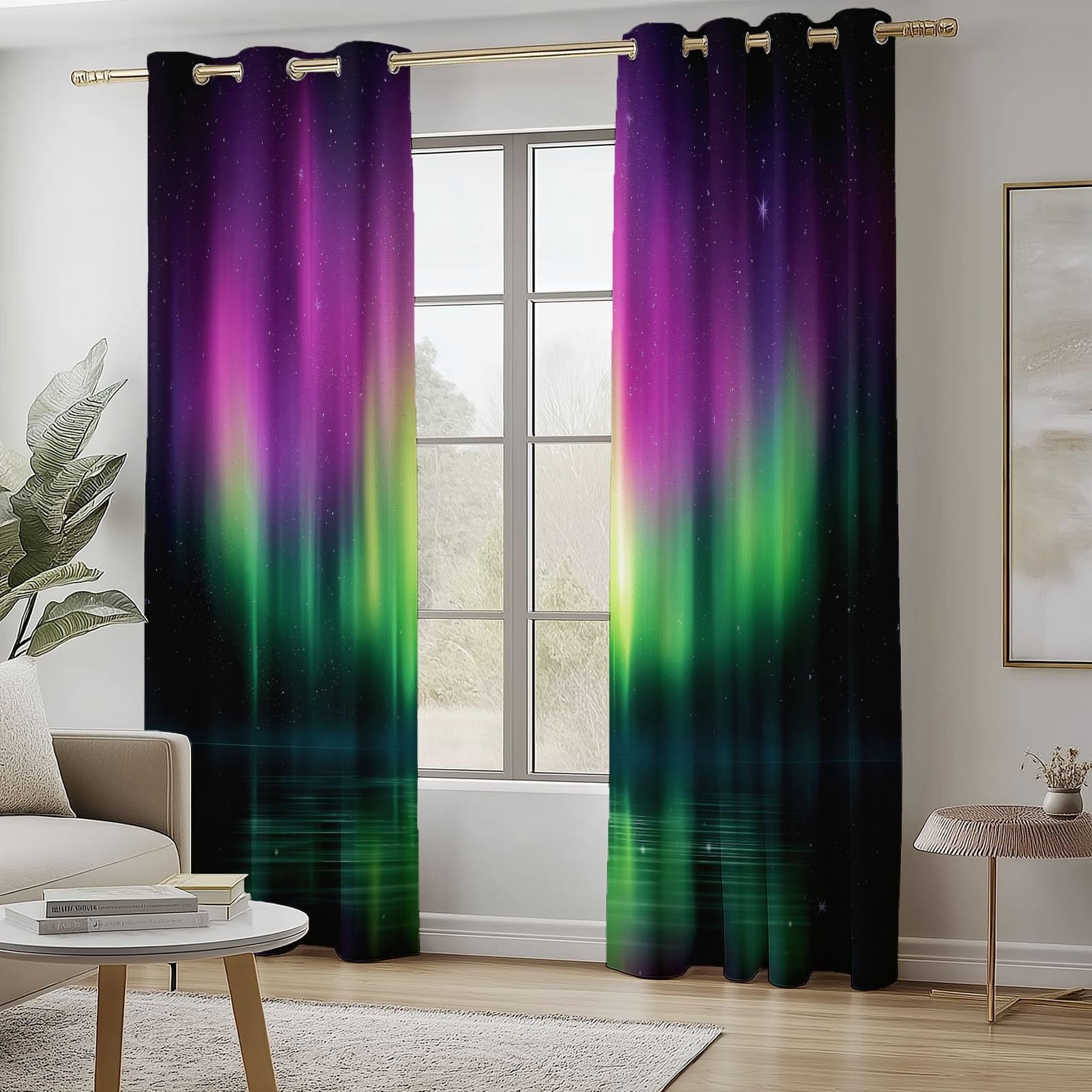 Verdunkelungsvorhänge H215 x B110 cm (2er Set), Natürliches Nordlicht Muster in Lila Grün, Thermo-Ösenschals für Wohnzimmer und Schlafzimmer