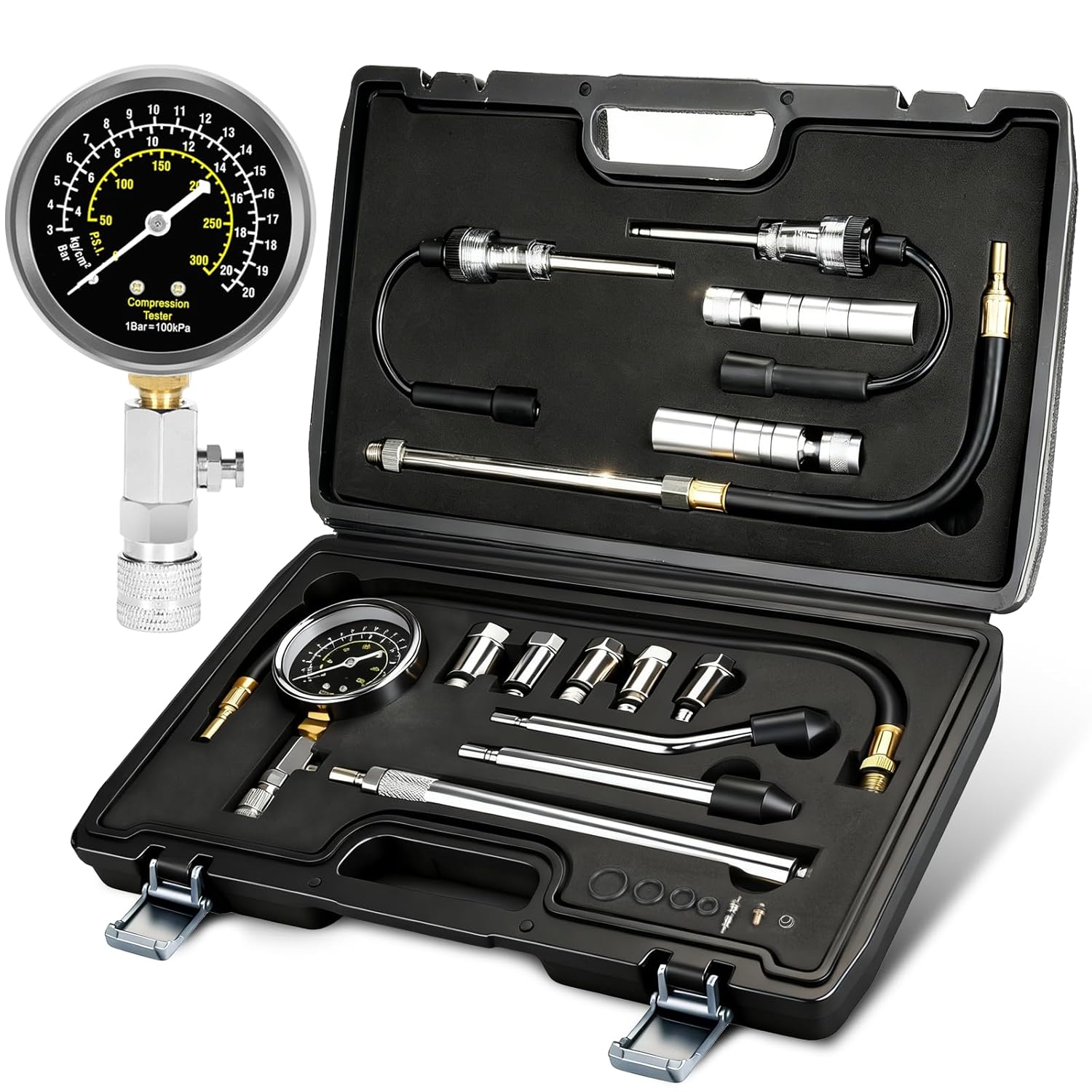 BETOOLL 15pcs Compression Tester with Spark Plug Tester & 14mm&16mm Magnetic Swivel Spark Plug Socket - 300PSI Engine Cylinder Compression Gauge Automotive Tool