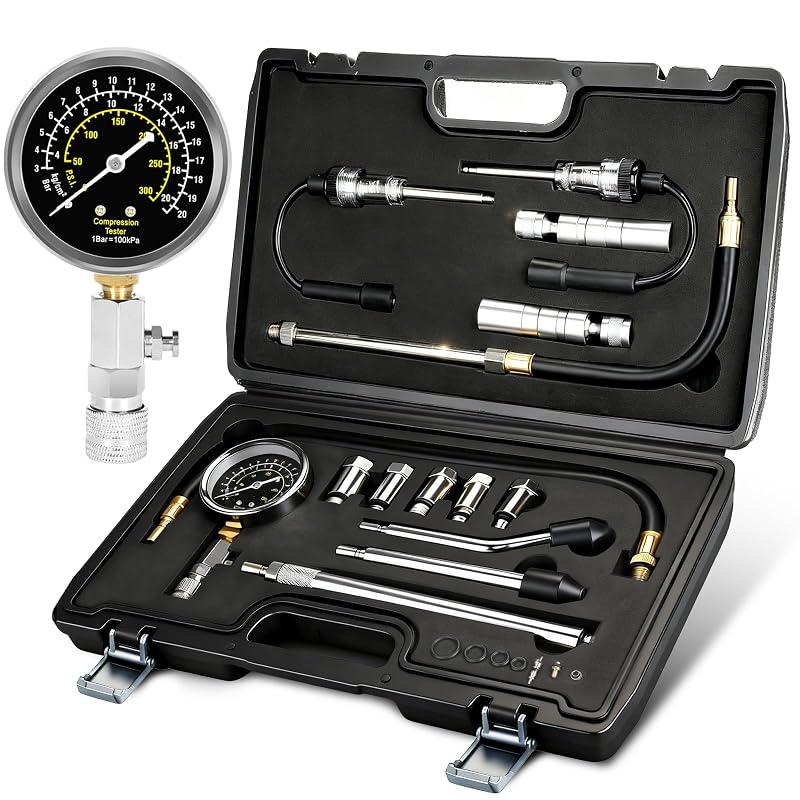 Kit Medidor de Compressão do Motor BETOOLL 300 PSI com Testador de Velas, Soquetes Magnéticos Articulados de 14 mm e 16 mm e 15 Peças