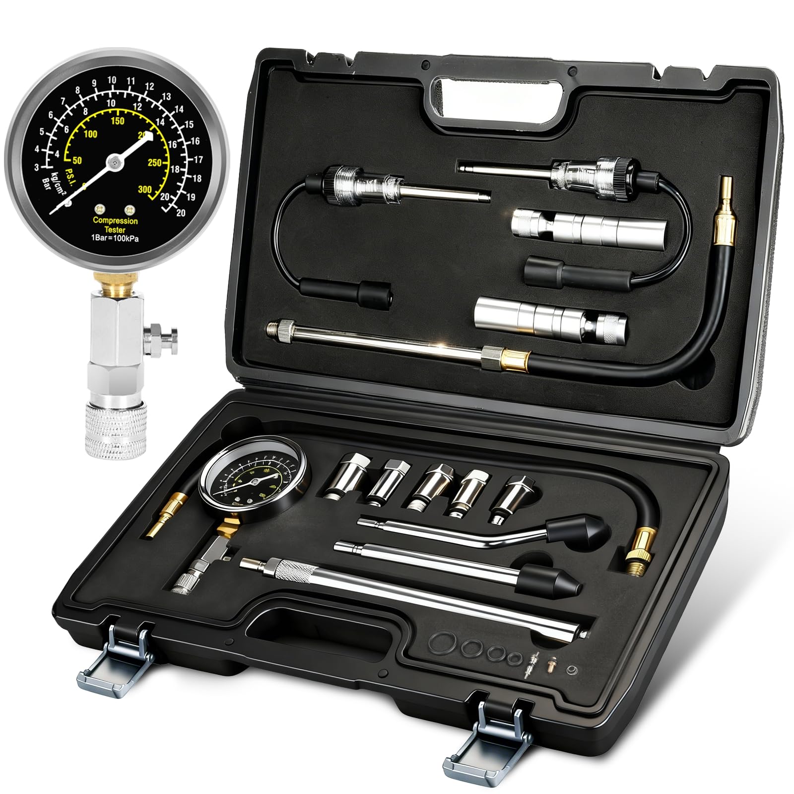 BETOOLL 15pcs 300PSI Engine Compression Tester Kit with Spark Plug Tools